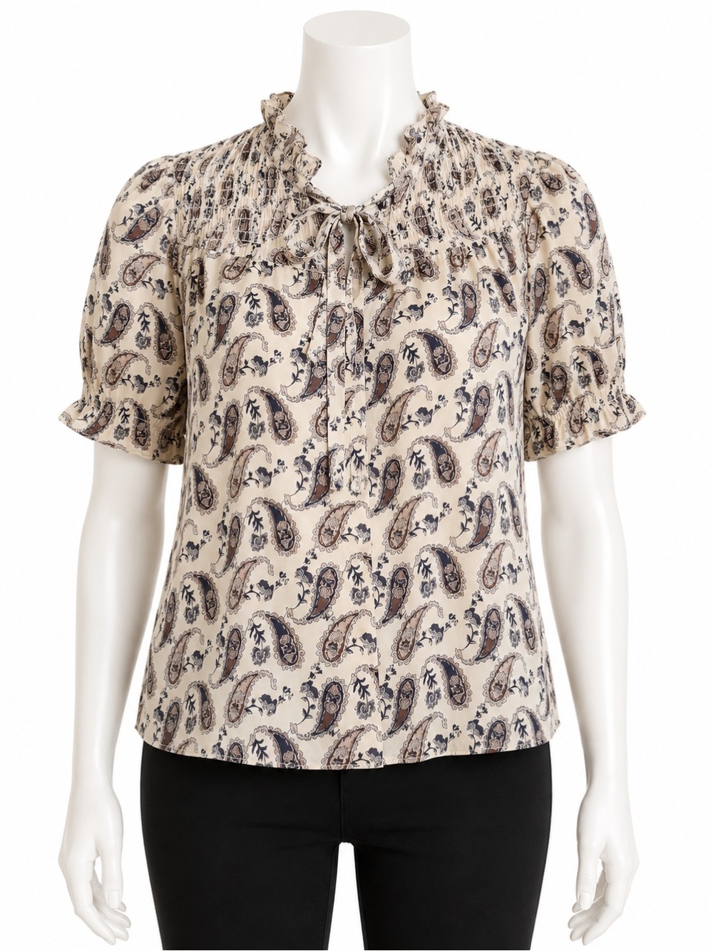 Pleione Paisley Print Tie Neck Blouse Size Large | Ruffle Neck Short Sleeve Top